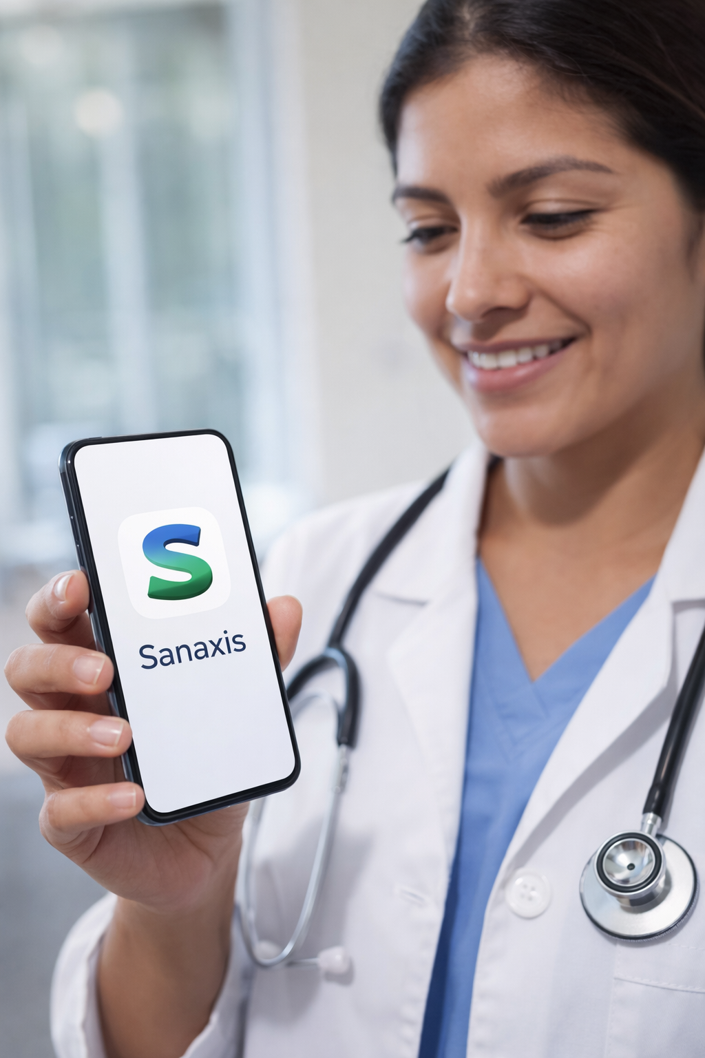 Doctora latina usando Sanaxis en su consultorio